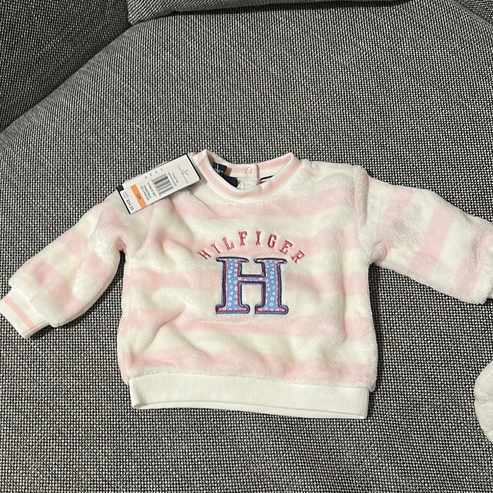 Tommy Hilfiger Pink & White Striped Plush Baby Sweatshirt Set - Picture 2 of 3